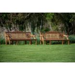 A PAIR OF CARVED TEAK 'HAREWOOD' GARDEN BENCHES, CONTEMPORARY