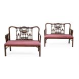 A PAIR OF CARVED MAHOGANY 'CHINESE CHIPPENDALE' SETTEES OR HALL SEATS, FIRST HALF 20TH CENTURY