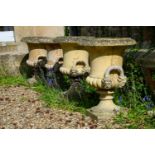 A SET OF FOUR TERRACOTTA COLOURED COMPOSITION STONE CAMPANA URN PLANTERS, 20TH CENTURY