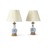 A PAIR OF FRENCH GILT MOUNTED BLUE AND WHITE PORCELAIN VASE TABLE LIGHTS, LATE 19TH CENTURY