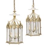 A PAIR OF GILT BRONZE GOTHIC HEXAGONAL HALL LANTERNS, 19TH CENTURY