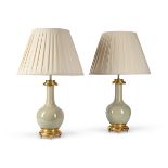 A PAIR OF GILT METAL MOUNTED CRAQUELURE GLAZE TABLE LIGHTS, LATE 19TH CENTURY