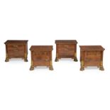 TWO PAIRS OF WALNUT, MAPLE AND PARCEL GILT BEDSIDE CABINETS, FIRST HALF 20TH CENTURY