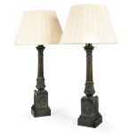 A LARGE PAIR OF GEORGE IV BRONZE COLUMN BASE TABLE LIGHTS, CIRCA 1830