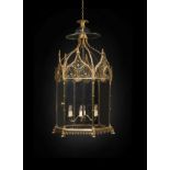 A LARGE GILT BRONZE GOTHIC HEXAGONAL HALL LANTERN, 19TH CENTURY