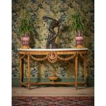 A GEORGE III CARVED GILTWOOD, GESSO AND PAINTED CONSOLE OR SIDE TABLE, CIRCA 1800