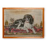 A LARGE VICTORIAN WELSH NEEDLEWORK PICTURE OF A SPANIEL, WORKED BY SARAH LEWIS IN 1882