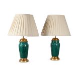 A PAIR OF FRENCH GREEN CERAMIC VASE TABLE LIGHTS, LATE 19TH CENTURY