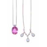 A PINK TOURMALINE AND DIAMOND PENDANT AND AN OPAL AND CULTURED PEARL NECKLACE