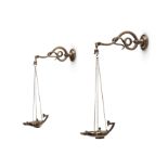 A PAIR OF REGENCY GILT LACQUERED BRONZE SATYR OIL LAMPS AND SERPENT BRACKETS