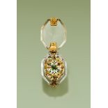 AN IMPORTANT CHARLES I GOLD AND CHAMPLEVE ENAMEL MOUNTED ROCK CRYSTAL PRE-HAIRSPRING PENDANT WATCH