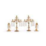 TWO PAIRS OF GLASS MOUNTED GILT METAL CANDLESTICK LUSTRES, FRENCH, LATE 19TH CENTURY