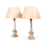 A PAIR OF CREAM AND GILT DECORATED TABLE LAMPS BY SIBYL COLEFAX & JOHN FOWLER, 20TH CENTURY