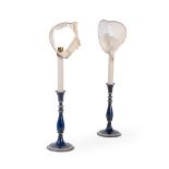 A PAIR OF BLUE PAINTED TOLE CANDLESTICK TABLE LAMPS, PROBABLY FRENCH, SECOND HALF 19TH CENTURY