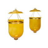 A LARGE PAIR OF INDIAN AMBER GLASS GLOBE LANTERN SHADES, MODERN