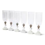 A SET OF SIX CLEAR GLASS HURRICANE LANTERN LIGHTS, MODERN