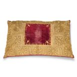 A LARGE GOLD THREAD EMBROIDERED RED VELVET CUSHION, MODERN INCORPORATING 19TH CENTURY INDIAN FABRIC