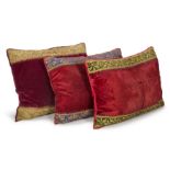 THREE GOLD THREAD EMBROIDERED RED, BLUE AND GREEN VELVET CUSHIONS, MODERN INCORPORATING 19TH CENTURY