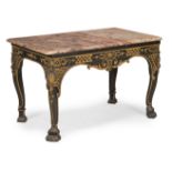 A GEORGE II BLACK CARVED, BLACK PAINTED AND PARCEL GILT CONSOLE TABLE, CIRCA 1750