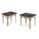 A PAIR OF CARVED GILTWOOD, GESSO, BLACK LACQUER AND CHINOISERIE DECORATED CONSOLE TABLES