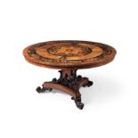 Y A VICTORIAN ROSEWOOD, WALNUT, COROMANDEL AND ARABESQUE MARQUETRY CENTRE TABLE, CIRCA 1850
