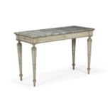 AN ITALIAN CARVED AND GREY PAINTED CONSOLE TABLE, LATE 18TH OR EARLY 19TH CENTURY