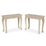 A PAIR OF CARVED WOOD AND GESSO PAINTED CONSOLE TABLES, IN THE MANNER OF WILLIAM KENT, CONTEMPORARY