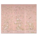 A SET OF THREE 'EARLHAM' CHINOISERIE PATTERN PANELS HAND-PAINTED ONTO PINK INDIA TEA PAPER
