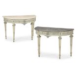 A PAIR OF CONTINENTAL CARVED AND PAINTED CONSOLE TABLES, PROBABLY ITALIAN, EARLY 19TH CENTURY