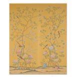 A PAIR OF 'EARLHAM' CHINOISERIE PATTERN PANELS HAND-PAINTED ONTO SIENNA EARTH DYED SILK PAPER