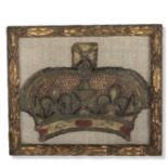 AN EARLY NEEDLEWORK EMBROIDERY OF A CROWN INSIGNIA, PROBABLY CIRCA 1580-1620