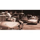 Three Canvas Prints (3) Three prints detailing the side of a C-type Jaguar, The cockpit of a Ferrari