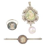 19th/ early 20th century silver portrait miniature jewellery including a pearl set pendant painted w