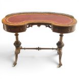 Victorian figured burr walnut kidney-shaped writing table