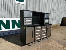 Unused 7' Work Steel Bench, 18 Drawers, 4 Cabinet