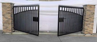 Unused 17 Ft Wrought Iron Double Swing Gates With Stone Effect Pillars