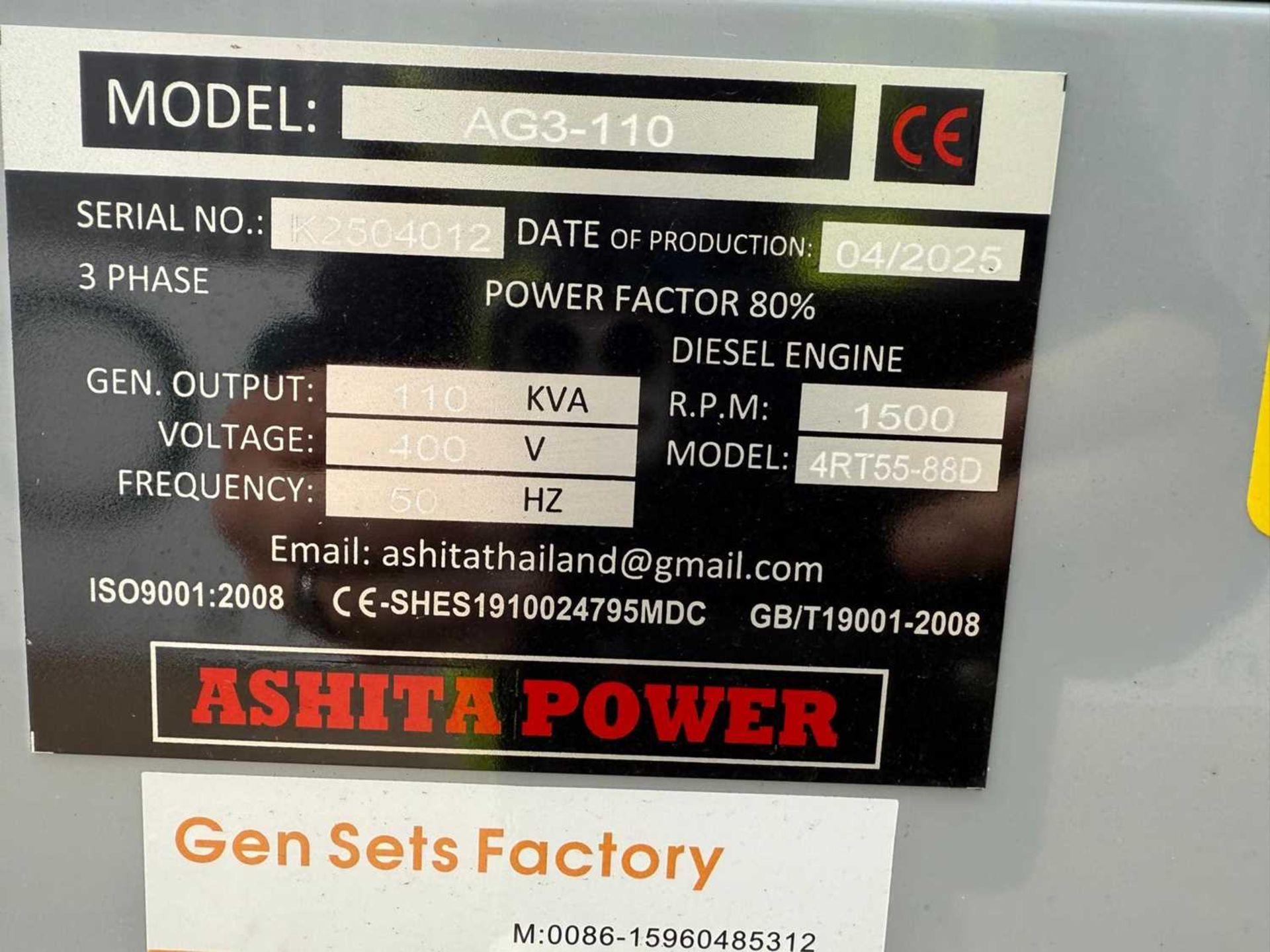 Unused 2025 Ashita AG3-110 110KVA Silent Generator With 4 Cylinder Engine - Image 19 of 19