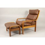sixties' Danish "L. Olsen & Son Mobelfabrik" marked set of armchair and ottoman in teak and leather