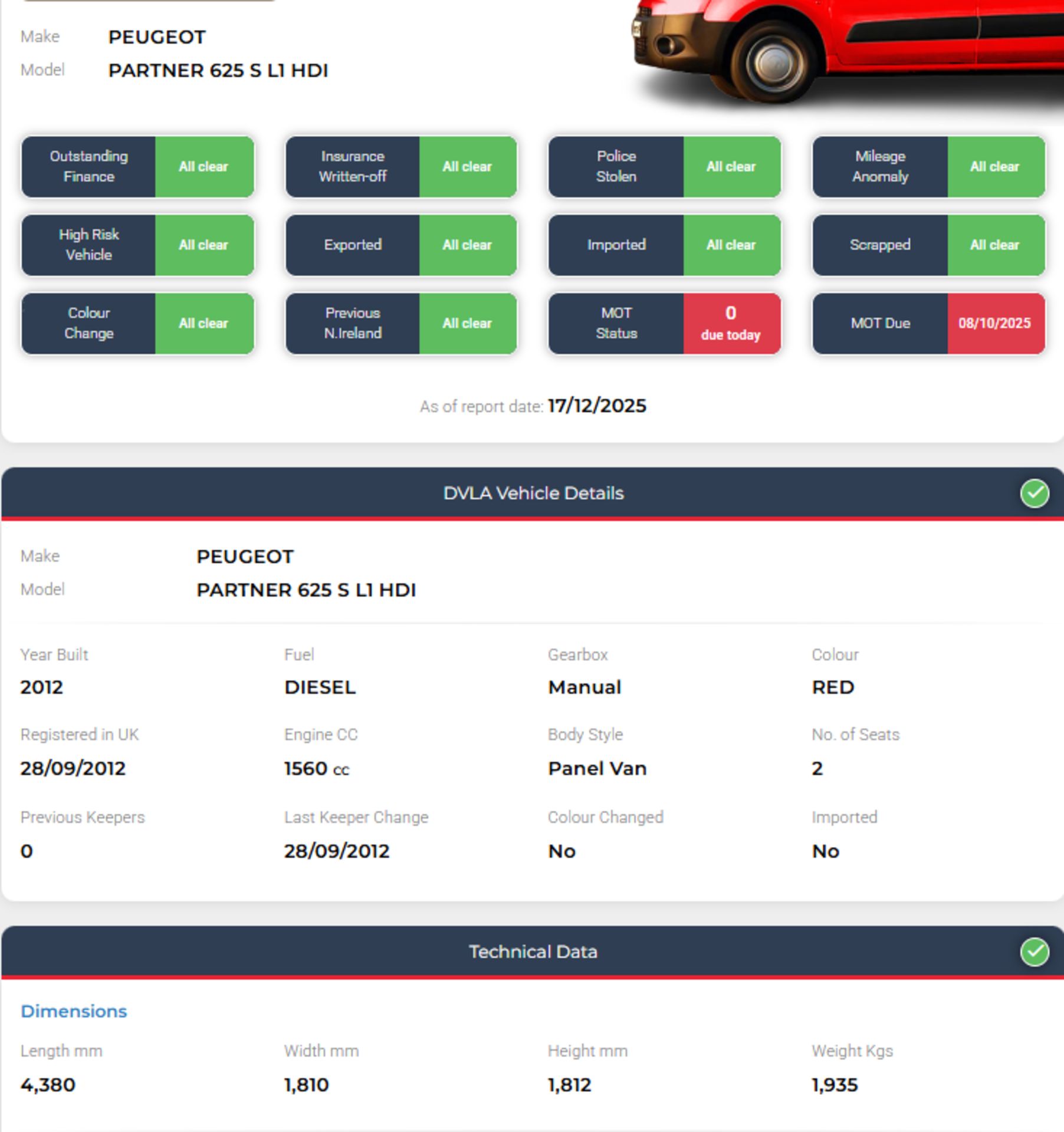 2012 PEUGEOT PARTNER 625 S 1.6 HDI PANEL VAN – DIESEL – MANUAL – RED - Image 12 of 12