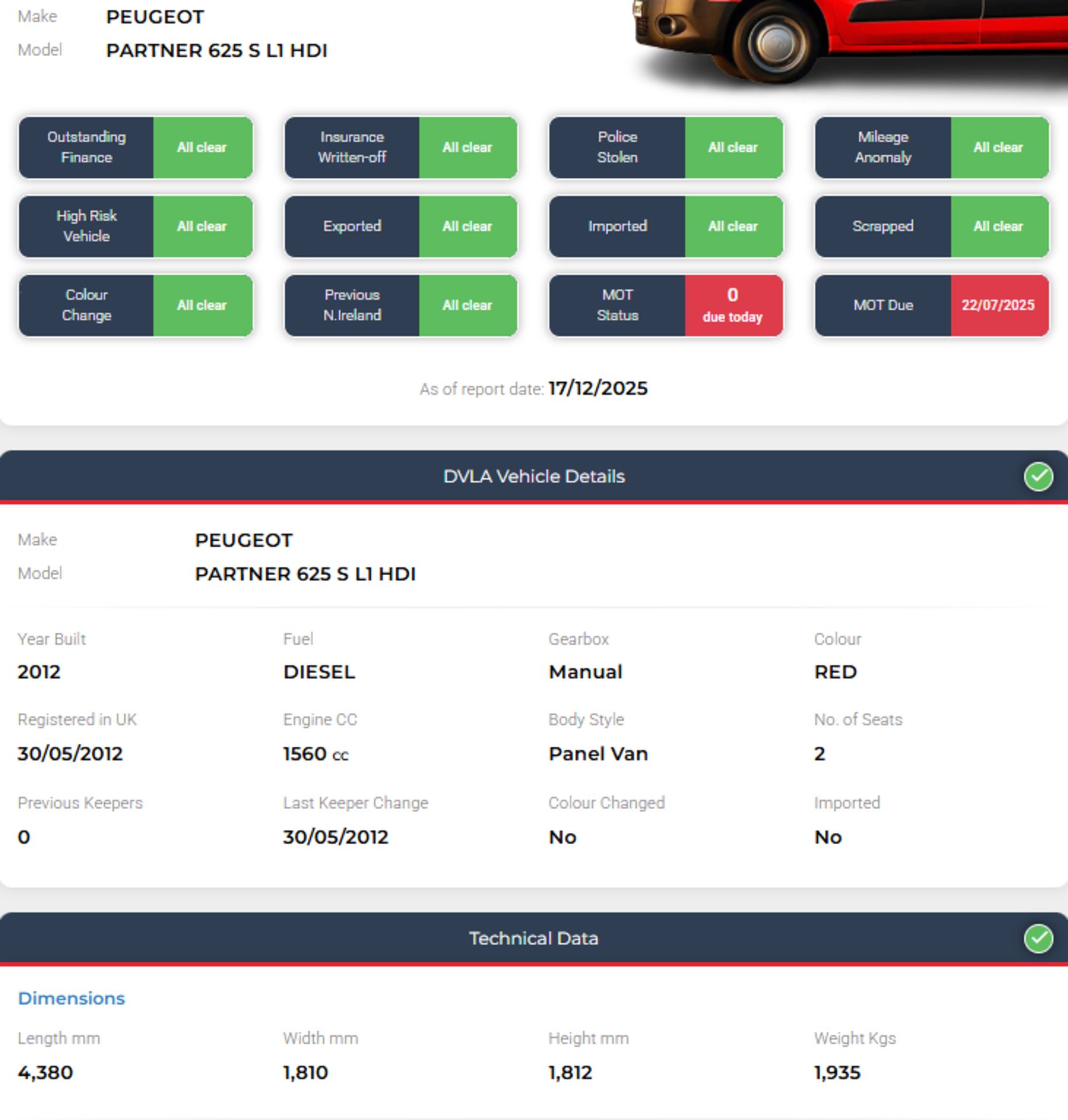 **(ONLY 116K MILEAGE)** 2012 PEUGEOT PARTNER 625 S 1.6 HDI PANEL VAN – DIESEL – MANUAL – RED - Image 16 of 16