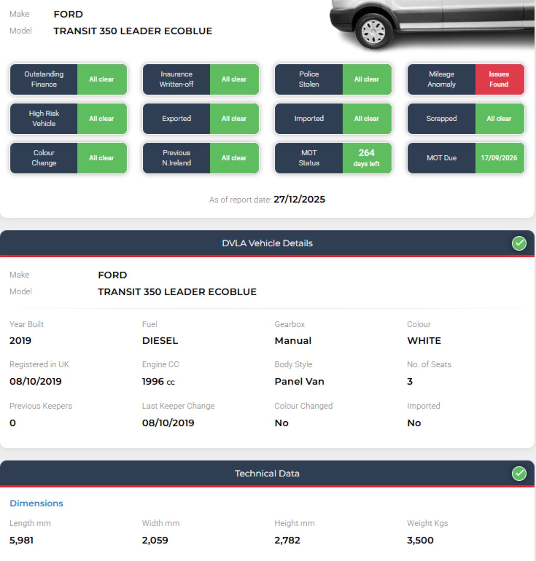 **(ONLY 98K MILEAGE)** 2019 FORD TRANSIT 350 LEADER TDCI L3H2 MWB >>--NO VAT ON HAMMER--<< - Image 13 of 13