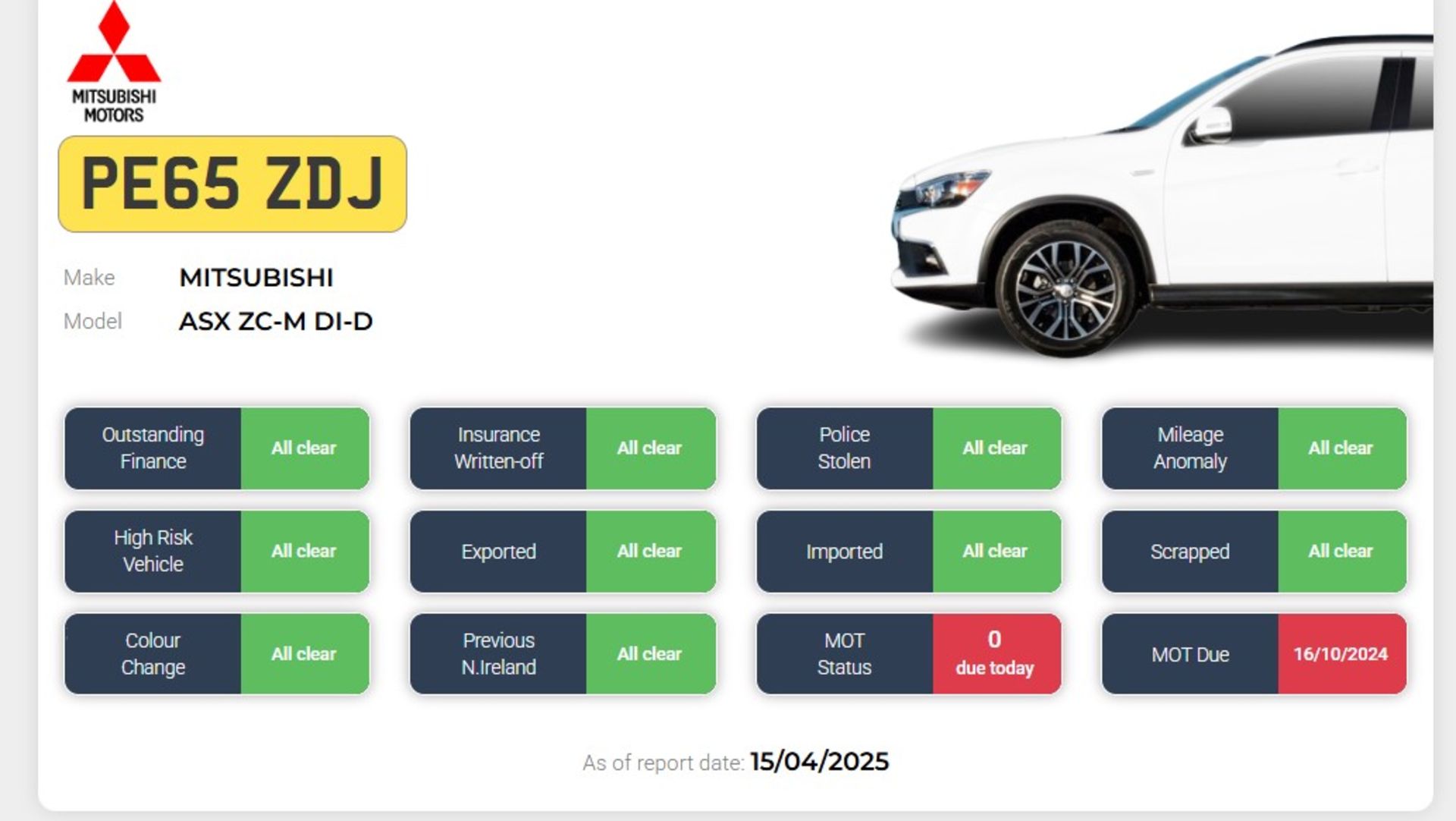 2015 MITSUBISHI ASX ZC-M DI-D – 1.6 DIESEL SUV >>--NO VAT ON HAMMER--<< - Image 13 of 13