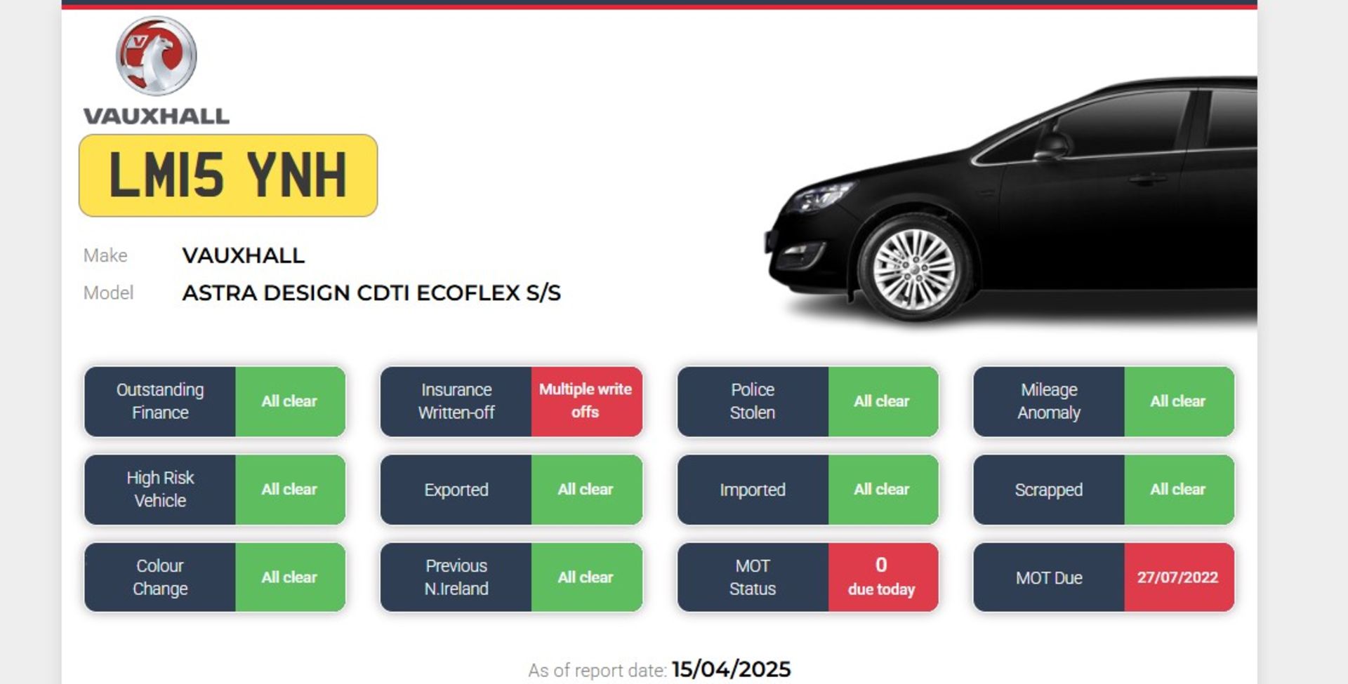2015 VAUXHALL ASTRA DESIGN CDTI ECOFLEX S/S – 1.6 DIESEL ESTATE >>--NO VAT ON HAMMER--<< - Image 12 of 12
