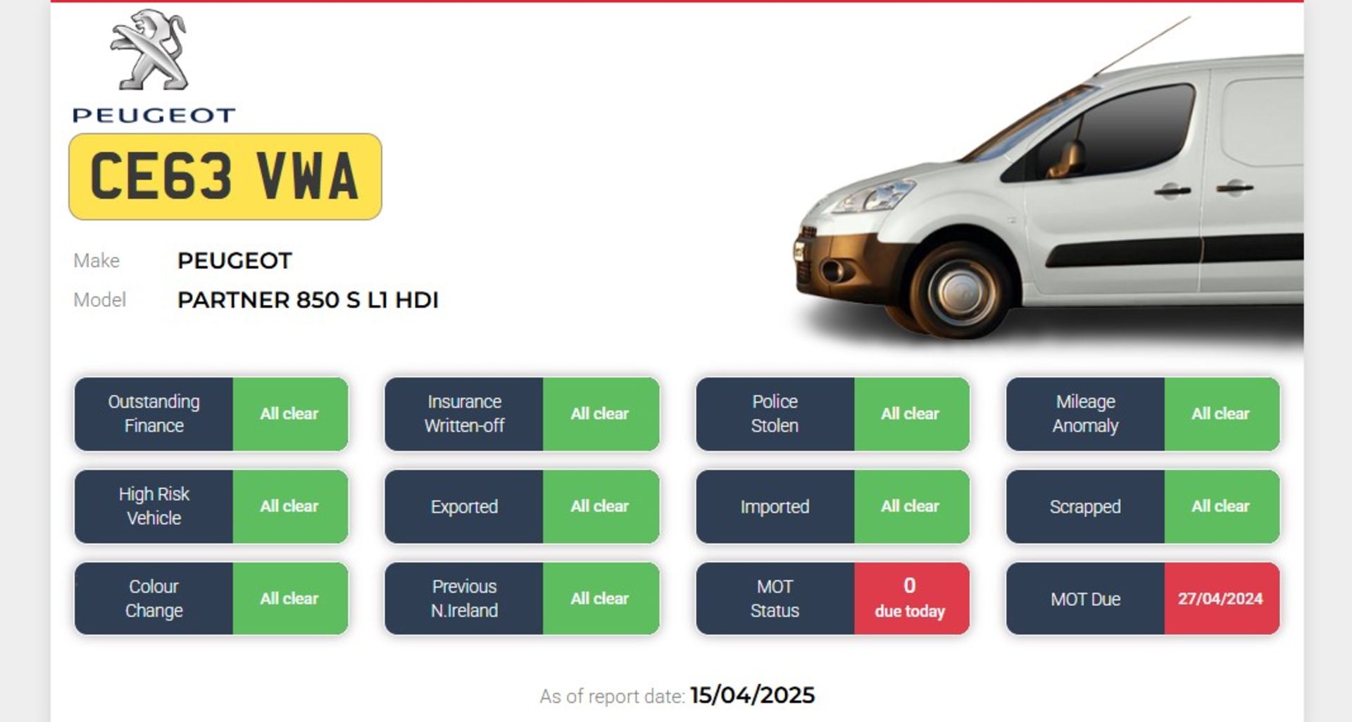 2013 PEUGEOT PARTNER 850 S L1 HDI PANEL VAN >>--NO VAT ON HAMMER--<< - Image 8 of 9