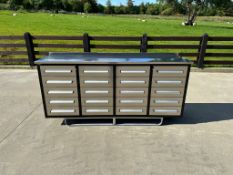 UNUSED 7FT STAINLESS STEEL WORKBENCH, 20 DRAWERS