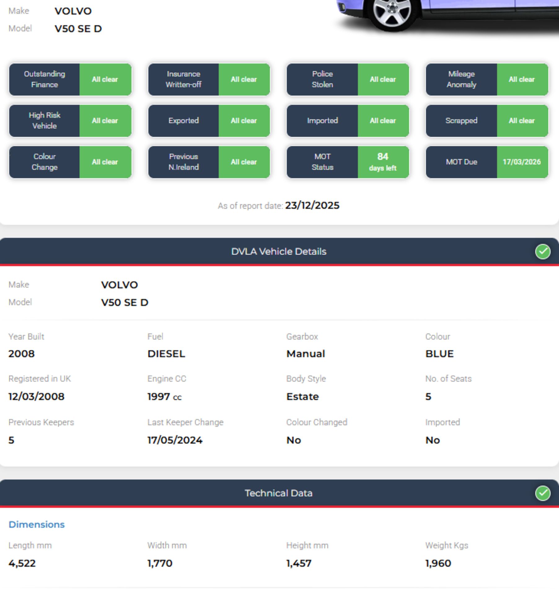 2008 VOLVO V50 2.0D SE 5DR DIESEL MANUAL ESTATE BLUE >>--NO VAT ON HAMMER--<< - Image 8 of 25