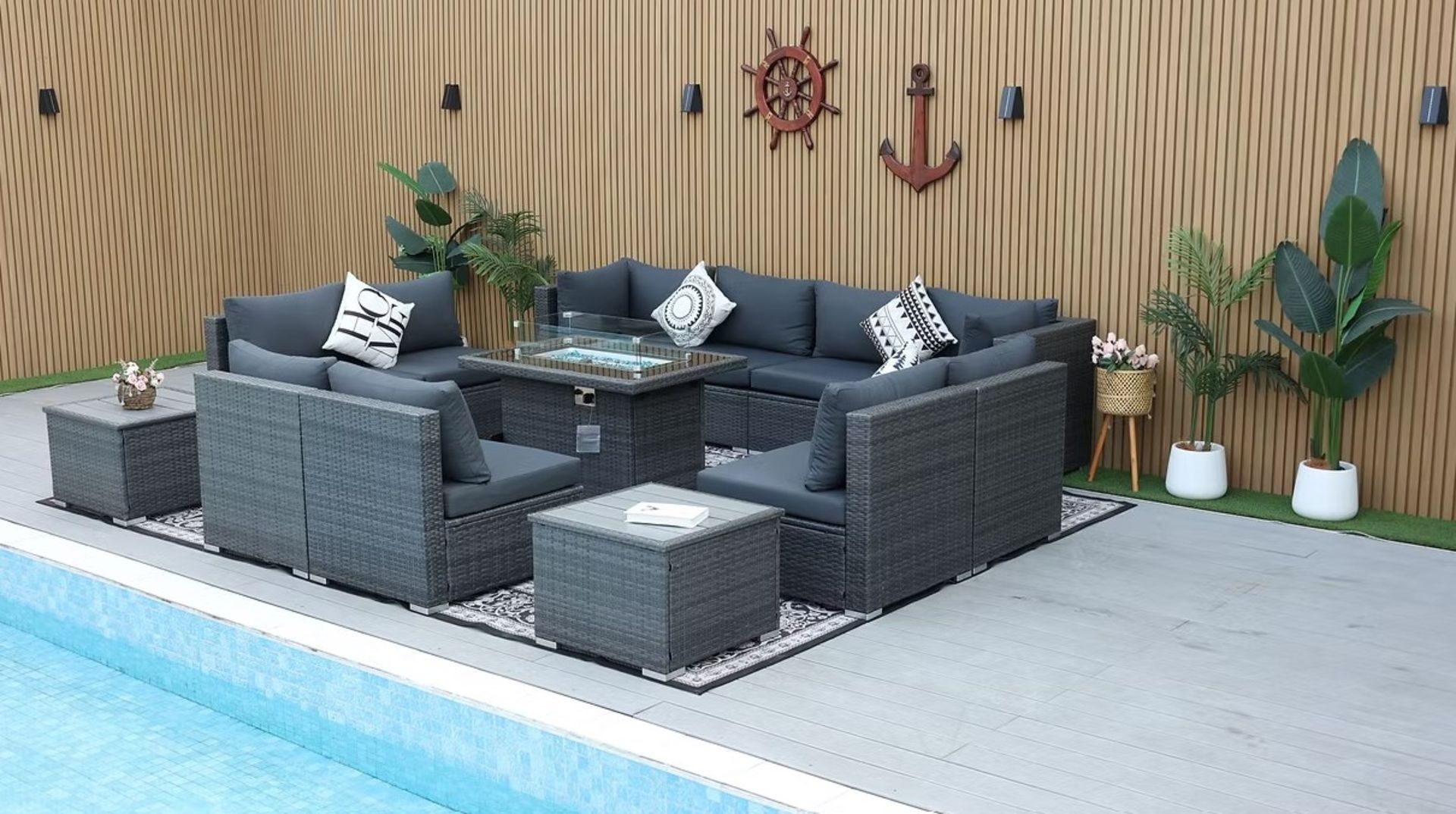 6 SEATER RATTAN SOFA SET WITH FIREPIT TABLE AND 2 SIDE TABLES - "" NOT VAT ON HAMMER""