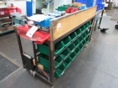 Steel frame mobile timber top workbench and undershelf, upstand, 1.8m x 740mm, 1 x 5