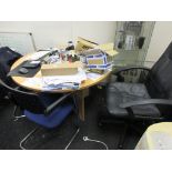 Glazed display cabinet, metal 2-door storage cupboard, light wood effect circular desk, 3 x