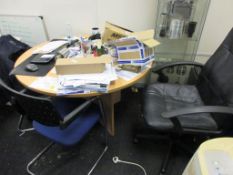 Glazed display cabinet, metal 2-door storage cupboard, light wood effect circular desk, 3 x